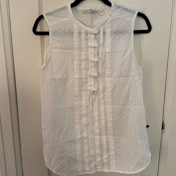 Lauren Conrad Sleeveless Blouse Women’s Medium White Pleated Bow Front Top Sheer - Picture 1 of 3